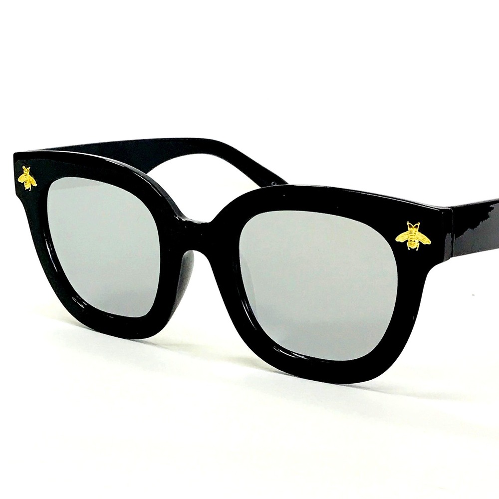 Bee Sunglasses Women's Fashion Oversized Black Frame Mirror Lens Trendy Style